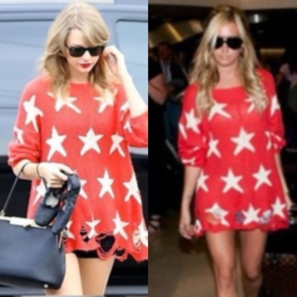 WILDFOX Couture Seeing Stars Red Long Sleeve Destroyed Sweater Pullover Top